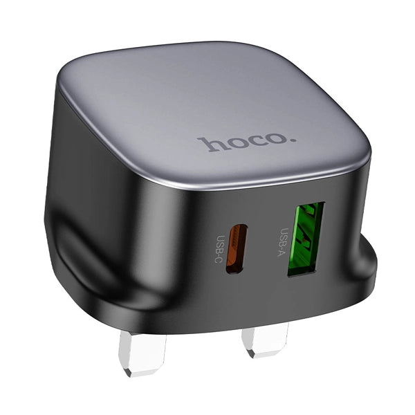 مجموعة شاحن سريع بمنفذين Hoco CS32B Rich مع قابس المملكة المتحدة وكابل USB-C إلى USB-C