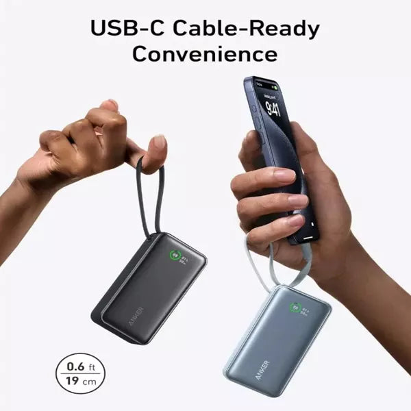 بطارية أنكر نانو المتنقلة بسعة 10000 مللي أمبير مع كيبل USB-C مدمج وقوة 30 واط طراز A1259H11