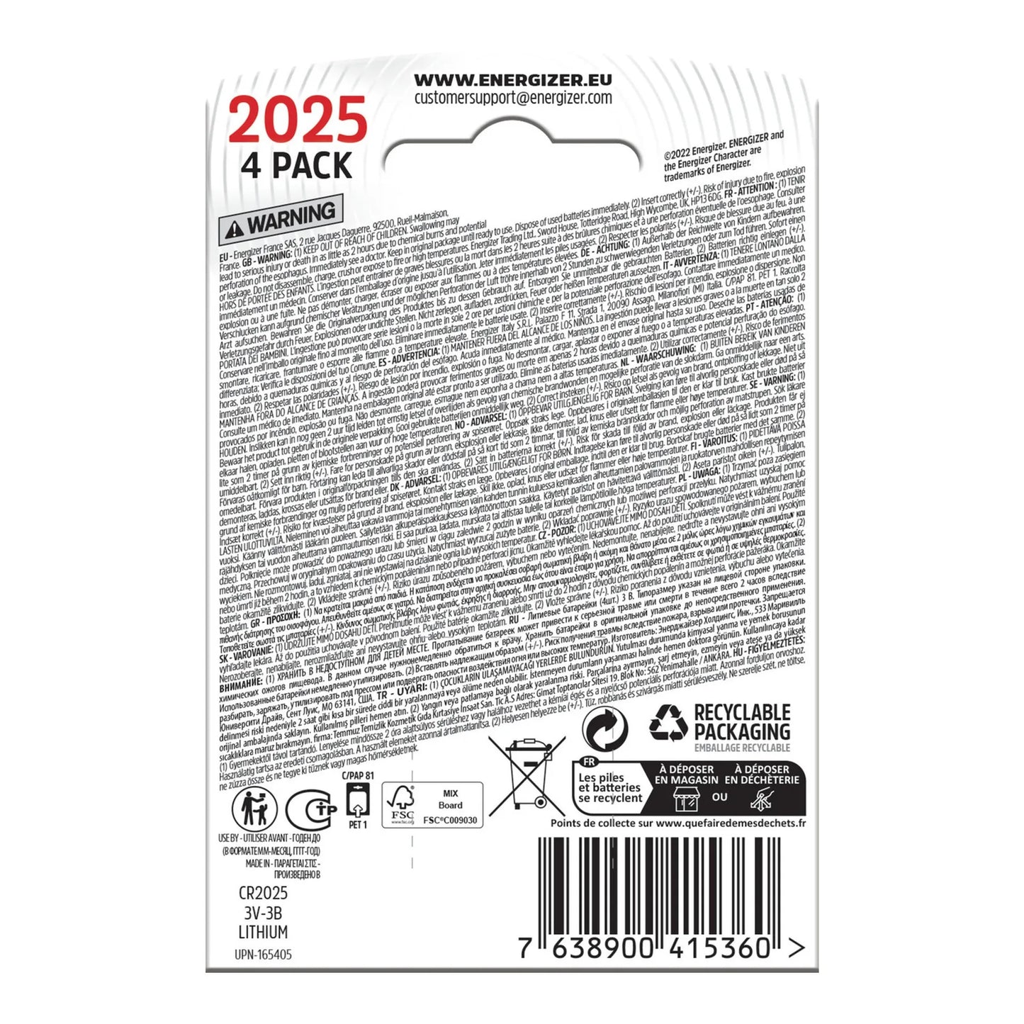 Energizer Cr2025 3V Lithium Coin Battery 1 Pack