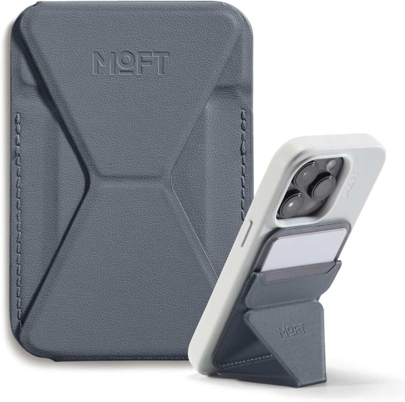 MOFT Snap-on Phone Stand & Wallet in black, designed to be compatible with MagSafe iPhones, including the iPhone 13 Pro Max