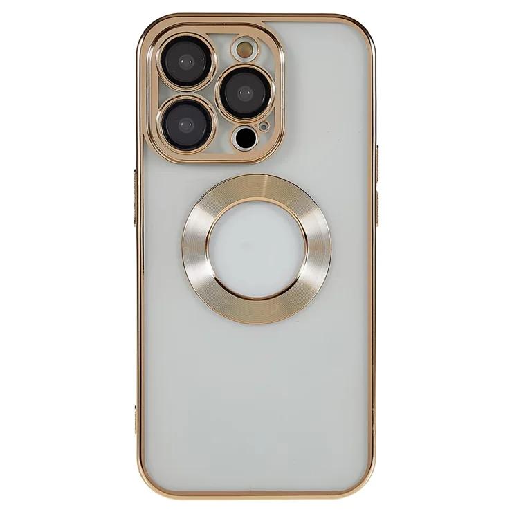 Clear, magnetic phone case with a green bumper for an iPhone 14 Pro Max