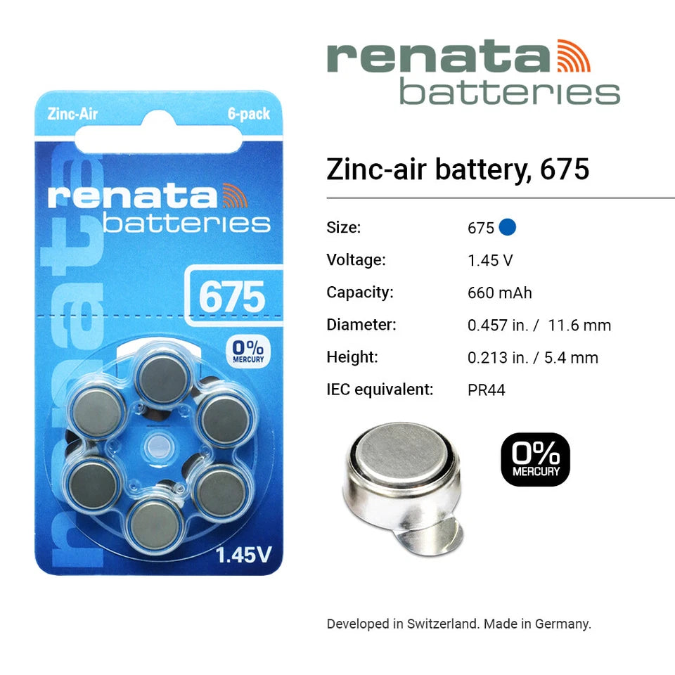 Renata ZA 675 hearing-aid batteries, pack of 6