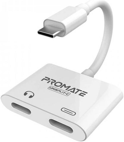 Promate 2-in-1 Audio & Charge USB-C Adapter, 15W Power Delivery, dual ports for Listing to audio | UniSplit-C