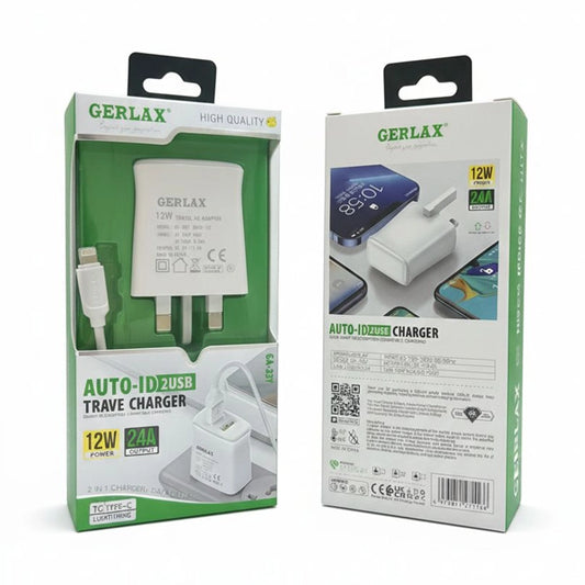 Gerlax GA-33Y Auto-ID 2USB Travel Charger- USB TO LIGHTNING