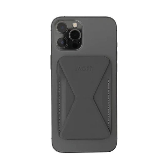 MOFT Snap-on Phone Stand &amp; Wallet in black, designed to be compatible with MagSafe iPhones, including the iPhone 13 Pro Max