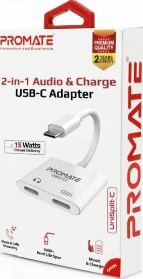 Promate 2-in-1 Audio & Charge USB-C Adapter, 15W Power Delivery, dual ports for Listing to audio | UniSplit-C