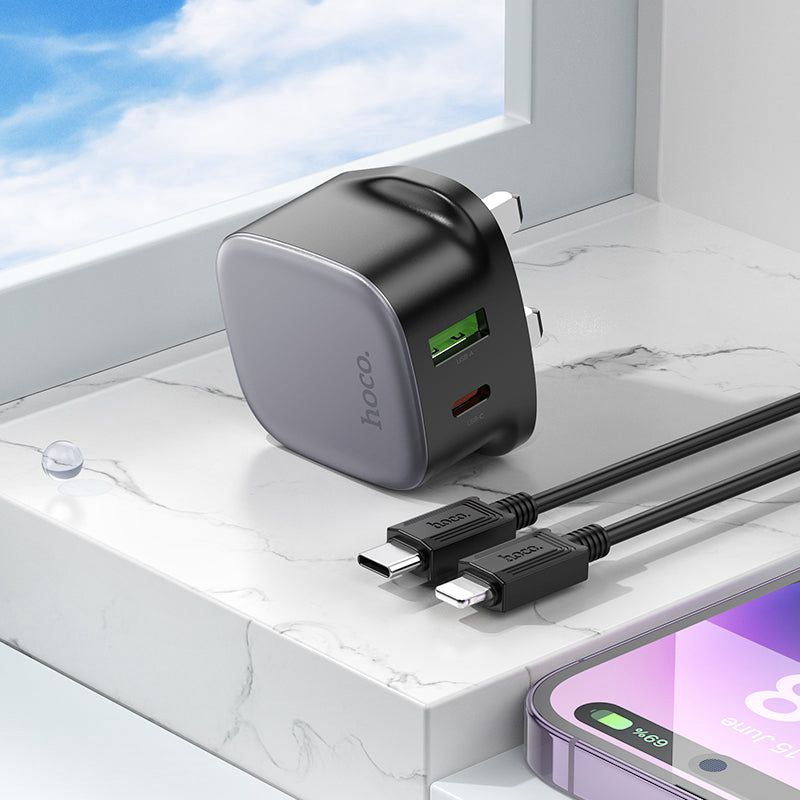 Hoco CS32B Rich dual port fast charger set with a UK plug and a USB-C to USB-C cable