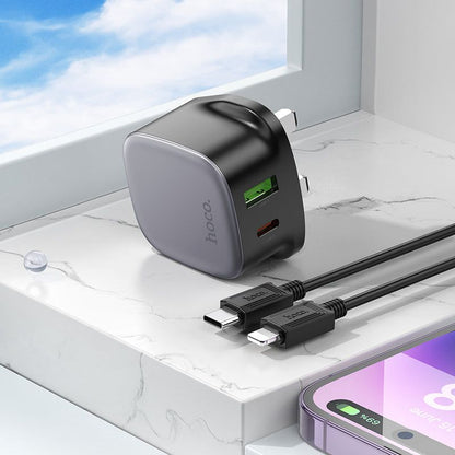 Hoco CS32B Rich dual port fast charger set with a UK plug and a USB-C to USB-C cable