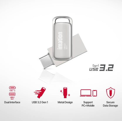 Imation USB 3.2 Gen1 Z1 OTG USB Flash Drive, 100MB/s Read Speed, USB C And USB A Dual Interface, 32GB Capacity, Pearl Nickel | Z1