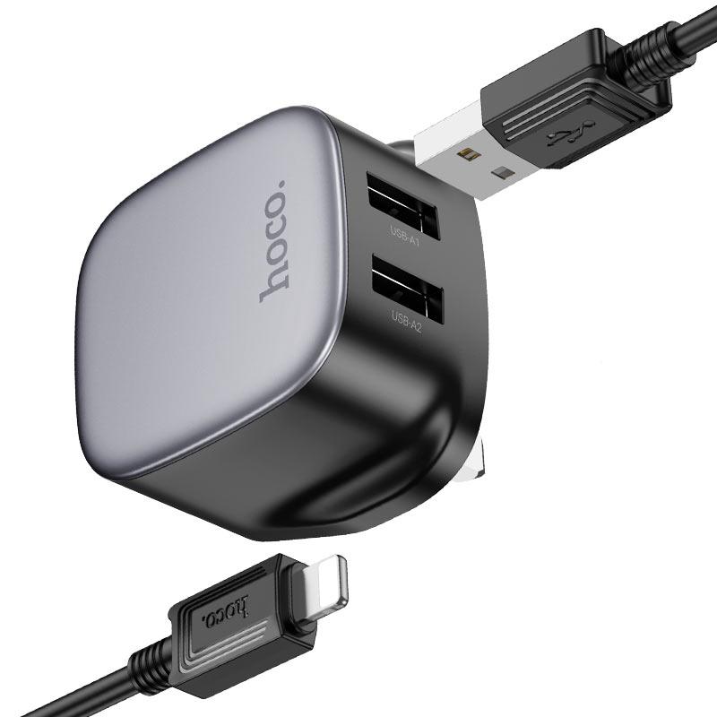 Hoco CS31B Ray dual-port USB wall charger with a UK plug configuration