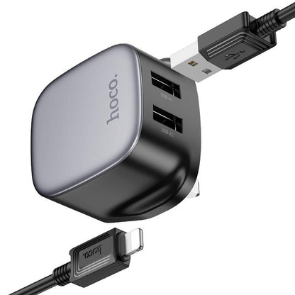 Hoco CS31B Ray dual-port USB wall charger with a UK plug configuration