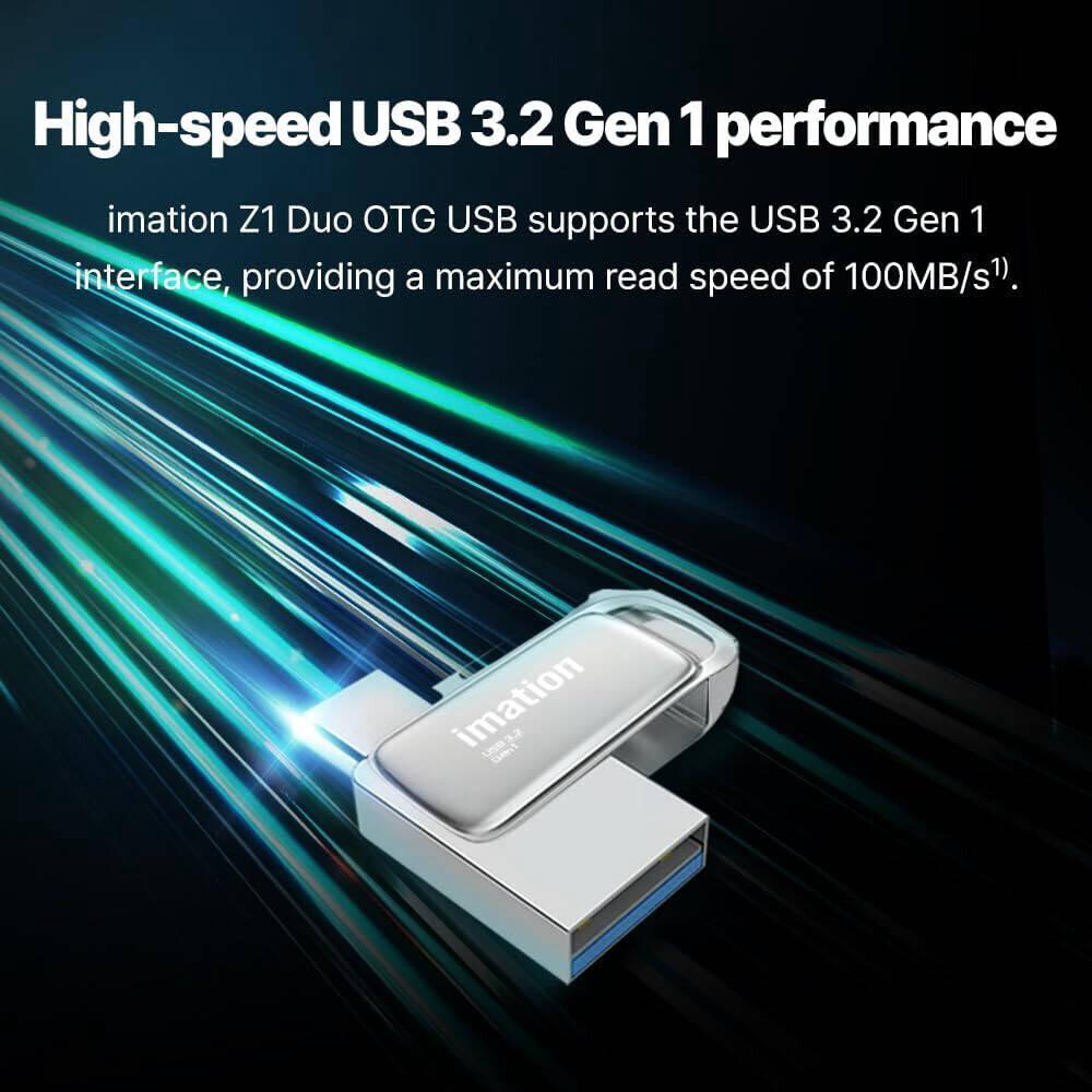 Imation USB 3.2 Gen1 Z1 OTG USB Flash Drive, 100MB/s Read Speed, USB C And USB A Dual Interface, 32GB Capacity, Pearl Nickel | Z1