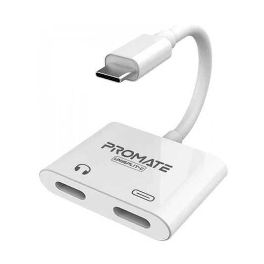 Promate 2-in-1 Audio & Charge USB-C Adapter, 15W Power Delivery, dual ports for Listing to audio | UniSplit-C