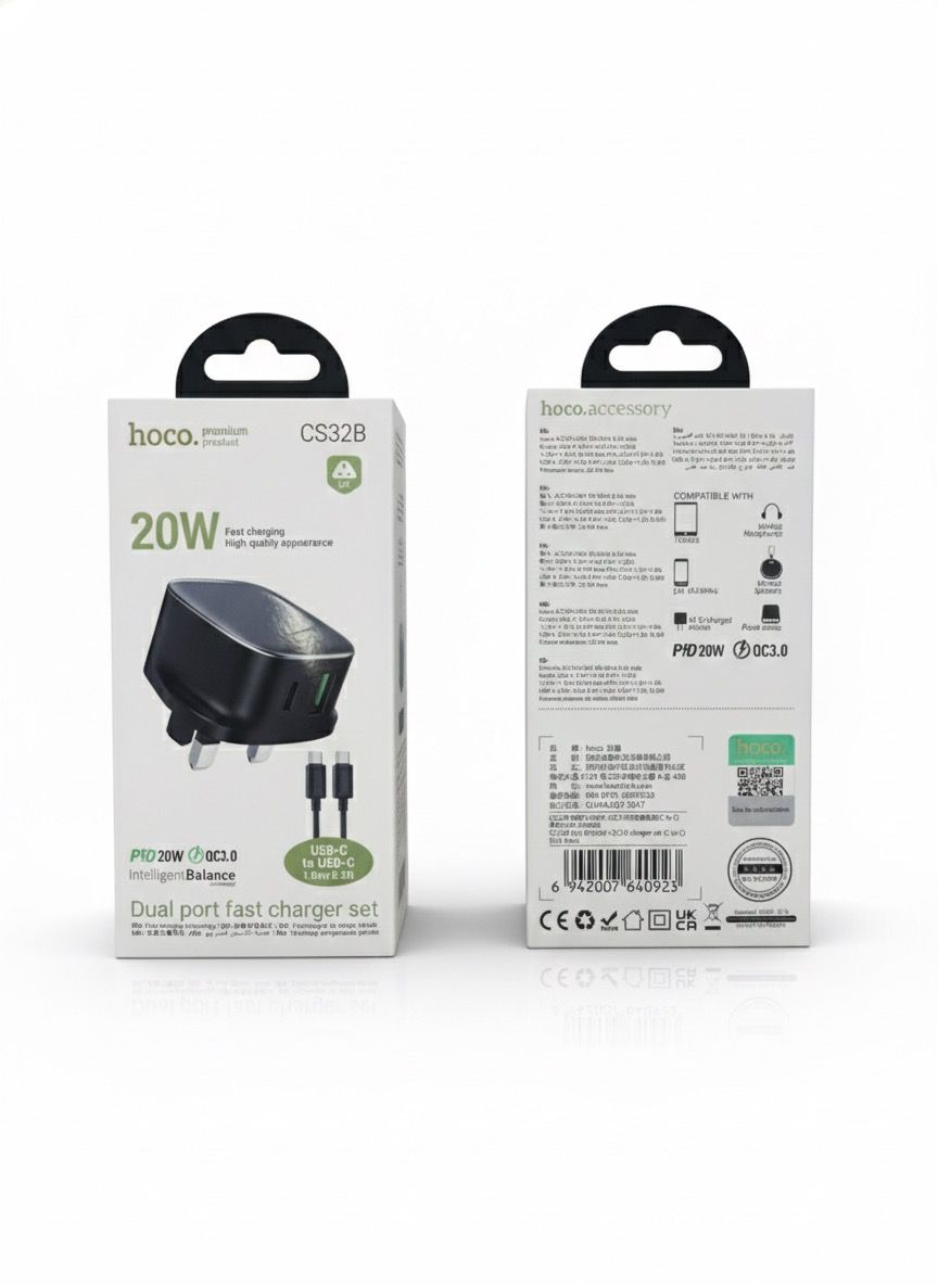 Hoco CS32B Rich dual port fast charger set with a UK plug and a USB-C to USB-C cable