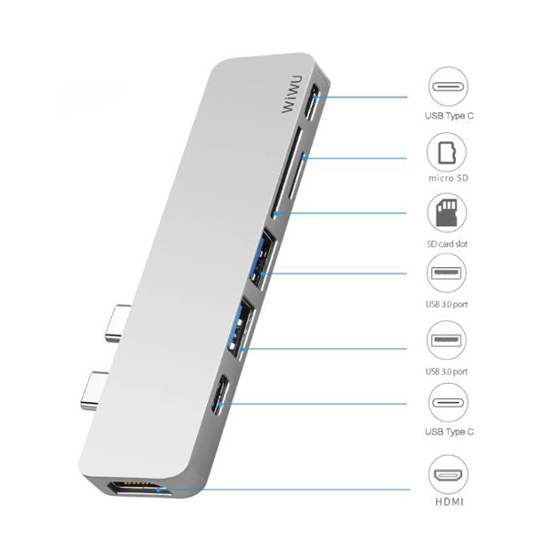 موزع Wiwu T08G USB-C 7 في 1 بغلاف من الألومنيوم