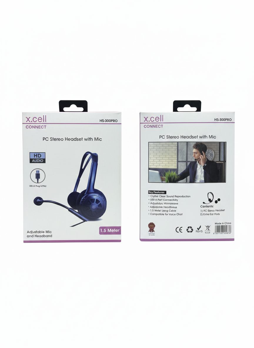 X.Cell HS-300PRO Over Ear Headphone With Mic 1.5 Meters, Plug and play with USB, Adjustable mic