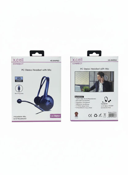X.Cell HS-300PRO Over Ear Headphone With Mic 1.5 Meters, Plug and play with USB, Adjustable mic
