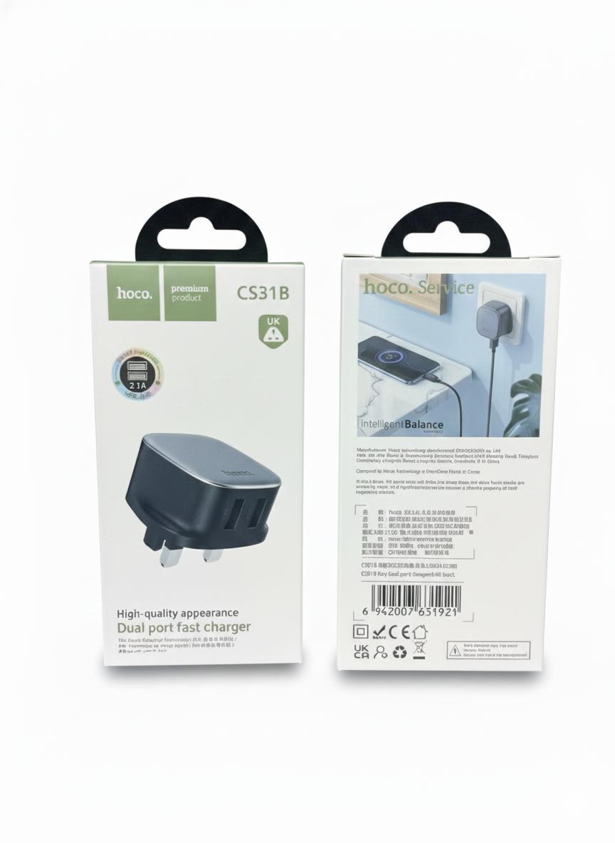 Hoco CS31B Ray dual-port USB wall charger with a UK plug configuration