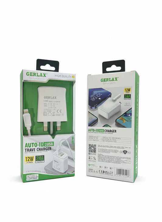 Gerlax GA-33Y Auto-ID 2USB Travel Charger- USB TO LIGHTNING