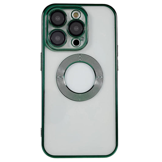 Clear, magnetic phone case with a green bumper for an iPhone 14 Pro Max