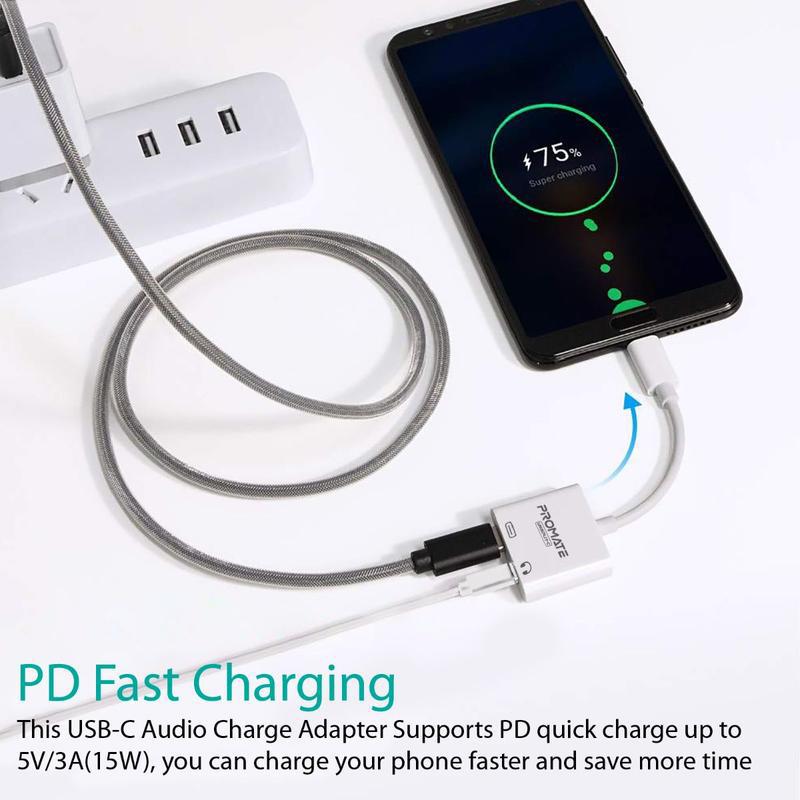 Promate 2-in-1 Audio & Charge USB-C Adapter, 15W Power Delivery, dual ports for Listing to audio | UniSplit-C