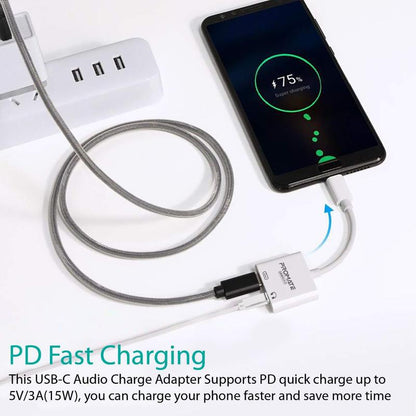 Promate 2-in-1 Audio & Charge USB-C Adapter, 15W Power Delivery, dual ports for Listing to audio | UniSplit-C