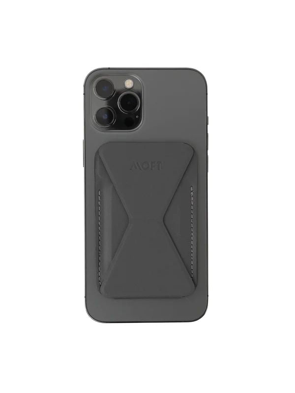 MOFT Snap-on Phone Stand &amp; Wallet in black, designed to be compatible with MagSafe iPhones, including the iPhone 13 Pro Max