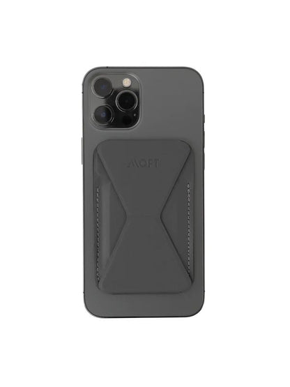 MOFT Snap-on Phone Stand &amp; Wallet in black, designed to be compatible with MagSafe iPhones, including the iPhone 13 Pro Max