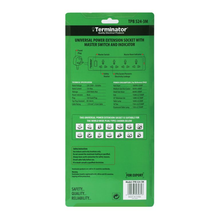 TERMINATOR 4 Way Universal Power Extension Socket