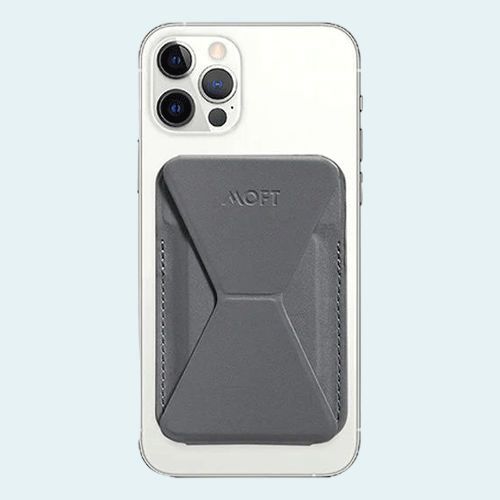 MOFT Snap-on Phone Stand &amp; Wallet in black, designed to be compatible with MagSafe iPhones, including the iPhone 13 Pro Max