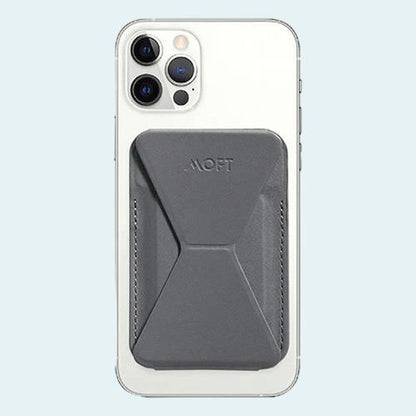 MOFT Snap-on Phone Stand &amp; Wallet in black, designed to be compatible with MagSafe iPhones, including the iPhone 13 Pro Max