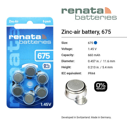 Renata ZA 675 hearing-aid batteries, pack of 6