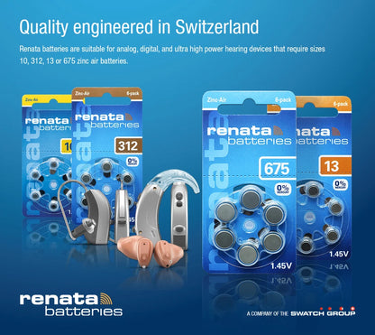 Renata ZA 675 hearing-aid batteries, pack of 6